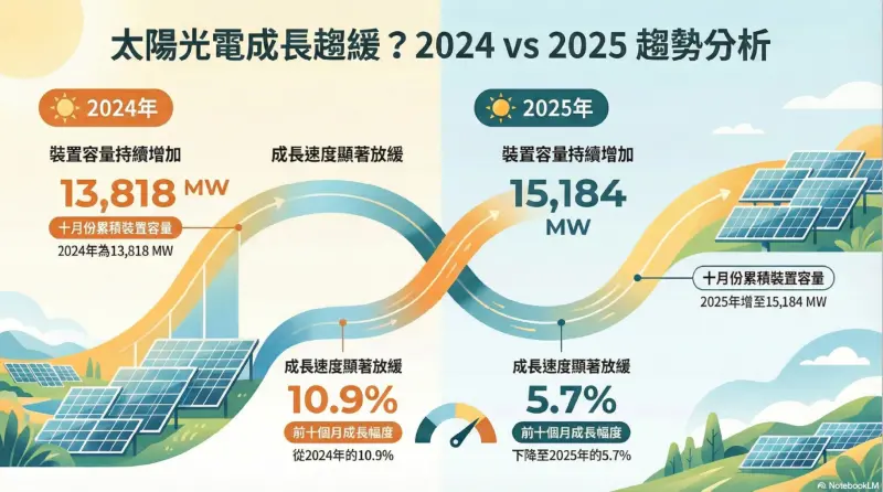    ▲2024年前10月光電仍有10.9%成長率，2025年同期僅剩5.7%，慘遭腰斬。（資料來源：能源署　記者鍾泓良、Google NotebookLM製表）  