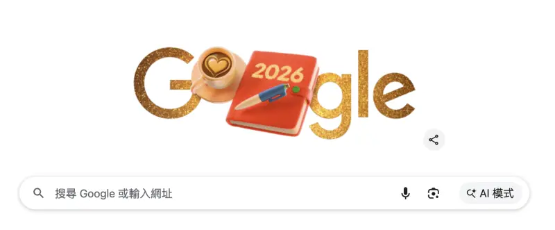 ▲2026年Google元旦首頁換新塗鴉，延續昨跨年夜的金色元素，加入了咖啡和筆記本，提醒民眾在新年的第一天可以開始好好規劃新的一年。（圖／翻攝官網）