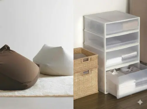 ▲PP衣裝盒（右）、懶骨頭沙發（左）是無印良品2025家具收納類銷售冠亞軍。（圖／MUJI官網shop.muji.tw/）