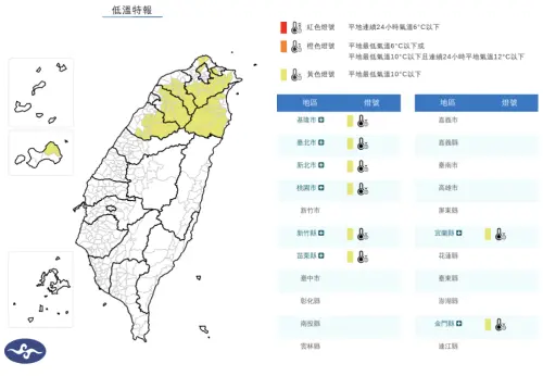 ▲強烈大陸冷氣團影響，氣象署針對苗栗以北、宜蘭、金門發布低溫特報。（圖／中央氣象署cwa.gov.tw）