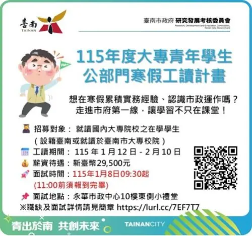 ▲ 115年大專青年學生公部門寒假工讀計畫。（圖／台南市政府研考會）