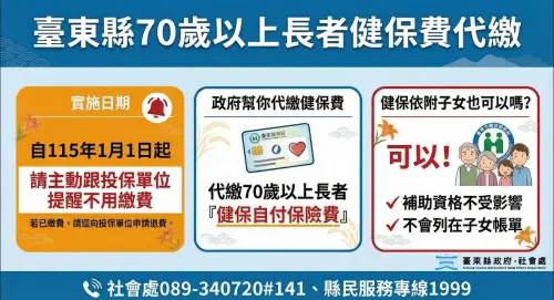 ▲設籍台東滿一年且70歲以上長者，台東縣府主動代繳健保費免申請上路。（圖／台東縣政府）