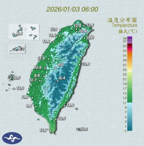 ▲今天受到強烈冷氣團襲來影響，全台清晨低溫凍到不行，高雄冷到10度以下、中部以北也都在10度、11度左右。（圖/中央氣象署cwa.gov.tw）