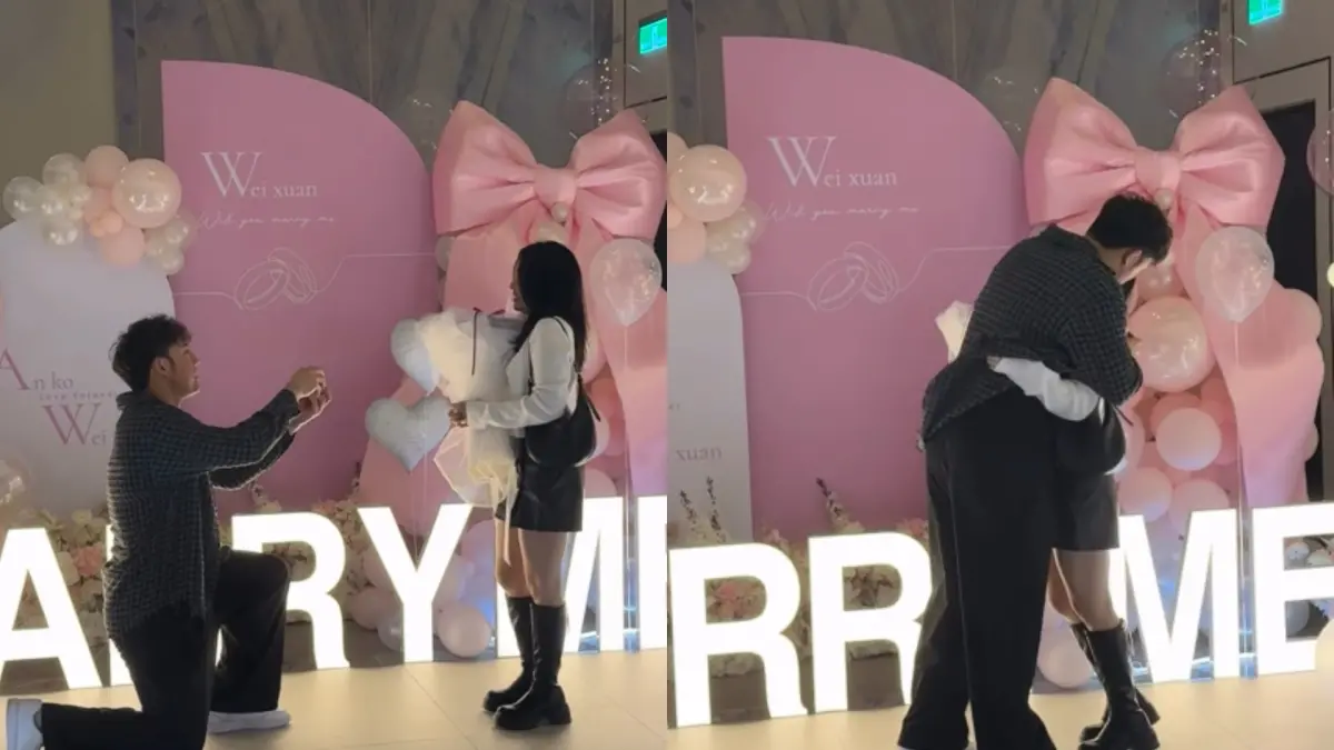 ▲根據台鋼雄鷹投手賴智垣在社群平台曝光的側拍畫面中可見，林安可正式向交往多年的女友求婚成功。影片中，林安可哽咽下跪，並說道：「請妳嫁給我好嗎？」（圖／翻攝自賴智垣IG限動）