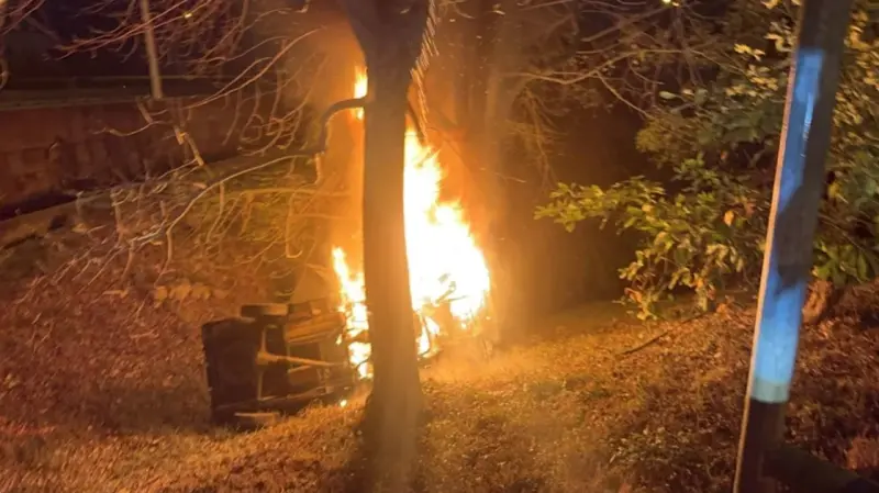 ▲一輛小貨車下豐原交流道前翻落邊坡，車上2人被燒死。（圖／翻攝畫面）