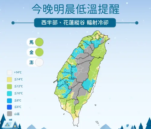 ▲氣象署說明，輻射冷卻影響，周一清晨仍有10度以下低溫發生機會。（圖／中央氣象署cwa.gov.tw）