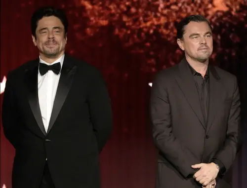 ▲《一戰再戰》班尼西歐狄奧托羅（左）和李奧納多狄卡皮歐（右）本來在最佳男配角與男主角都是得獎呼聲最高，卻雙雙落空，一起上台分享該片得最佳影片榮耀時，臉上的表情都沒有很喜悅。（圖／美聯社／達志影像）