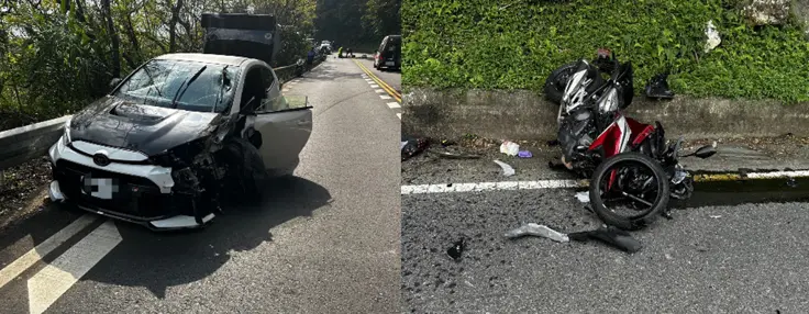 ▲北宜公路今一紅牌重機與小轎車對撞，騎士疑似因不明原因跨越雙黃線遭撞，傷勢嚴重。（圖／警方提供）