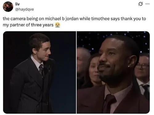 ▲提摩西夏勒梅（左）獲獎時的致詞，與在台下麥可B喬丹（右）的表情，完全是不一樣的感覺。（圖／摘自X）