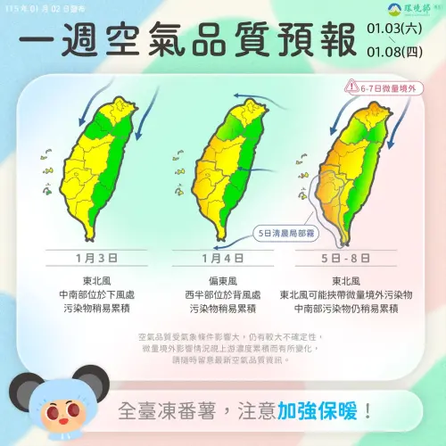 ▲偏北風挾帶境外污染物移入影響台灣及離島，除了花東外，今天各地空氣品質較差。（圖／環境部提供airtw.moenv.gov.tw）