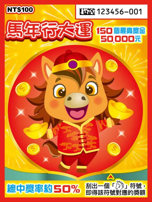 ▲單張售價100元馬年行大運，頭獎僅5萬元，不是會賺大錢的刮刮樂，適合買給小朋友沾沾喜氣。（圖/台彩提供）