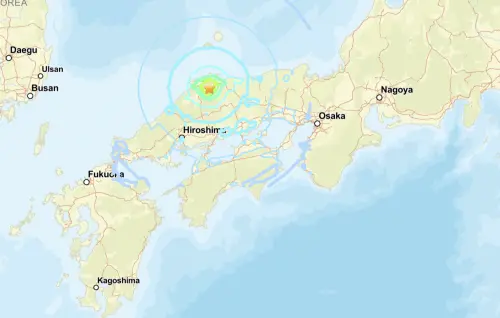 ▲今天上午的日本地震，規模達6.2，震央位於島根縣東部、深度約10公里，最大震度5強。（圖／美國地質調查局）