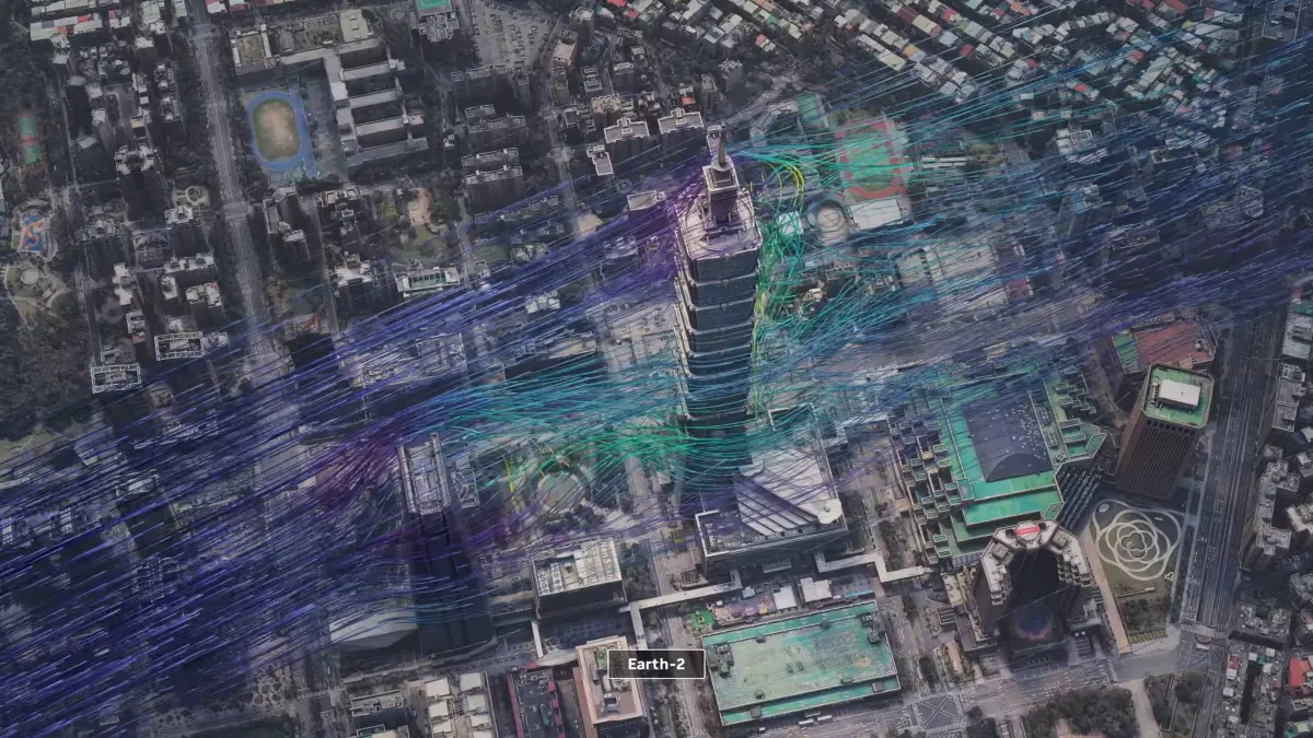 ▲黃仁勳CES 2026演講開場影片以台北101為例，展示 Earth-2 如何模擬城市高樓周圍的氣流動態、空拍與俯瞰視角。（圖／翻攝官網）