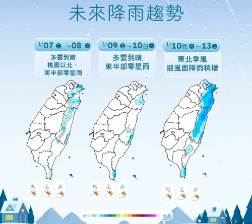 ▲氣象署提及，周六之前強烈大陸冷氣團比較乾，各地都是乾冷天氣，周日至下周水氣增多，北部、東半部要注意局部降雨。（圖／中央氣象署cwa.gov.tw）