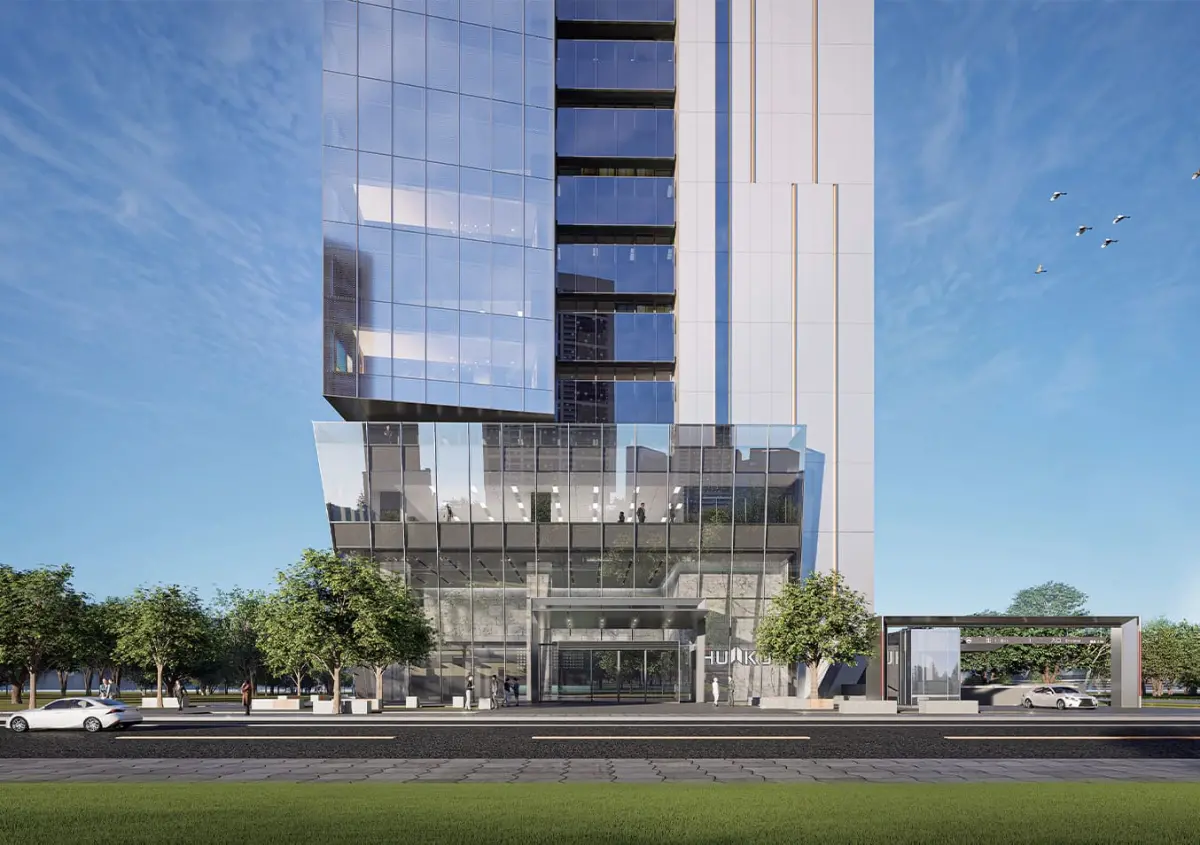 ▲2025 年商用不動產交易由自用型買盤奪冠，指標案件如陽明海運購入「華固中央置地」（圖）作為企業總部。戴德梁行指出，具備門面升級與 ESG 規格的新大樓，是企業在 2026 年競相鎖定的核心資產。圖為華固中央置地完工模擬圖。（圖／華固中央置地官網）