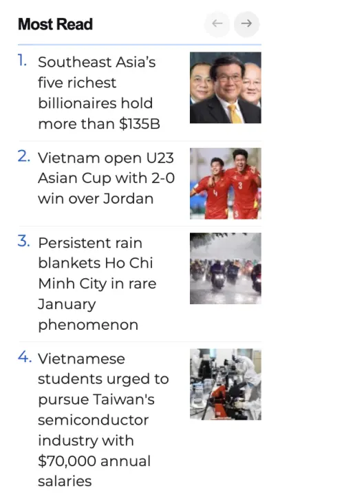 ▲台灣高科技產業薪資的新聞也在近期意外登上越南媒體點閱率排行榜的第四名。（圖／翻攝自越南新聞網）