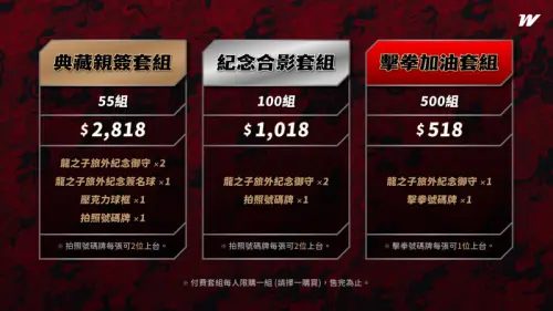 ▲味全龍球團推出3個價位的限量紀念套組，可以讓球迷與徐若熙碰拳、拍照，還有紀念御守與簽名球等好物。（圖／味全龍提供）