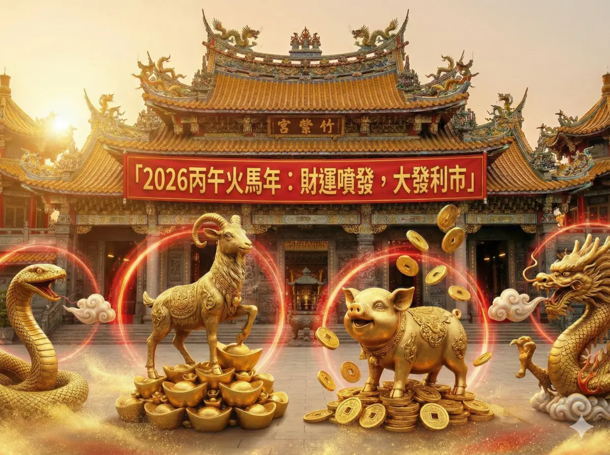 ▲迎接2026丙午火馬年，彰化埔鹽紫竹觀音宮開示，屬羊、豬、蛇、龍的民眾明年財運最旺。圖為廟前充滿喜氣的生肖與財富造景，吸引信眾祈福。（示意圖／AI生成）