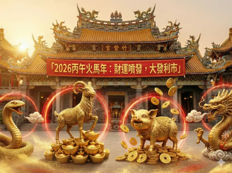▲迎接2026丙午火馬年，彰化埔鹽紫竹觀音宮開示，屬羊、豬、蛇、龍的民眾明年財運最旺。圖為廟前充滿喜氣的生肖與財富造景，吸引信眾祈福。（示意圖／AI生成）