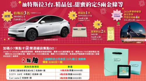 ▲7-11福袋最大獎可抽3台特斯拉百萬豪車，還有精品包、黃金等大獎，特別獎還有機會抽中2026國際棒球賽事東京賽事門票。（圖／7-11官網）