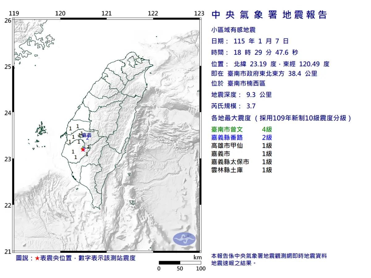 ▲據中央氣象署地震測報中心資料，今（7）日18時29分台南市楠西區發生芮氏規模3.7的小區域地震。（圖／中央氣象署cwa.gov.tw）