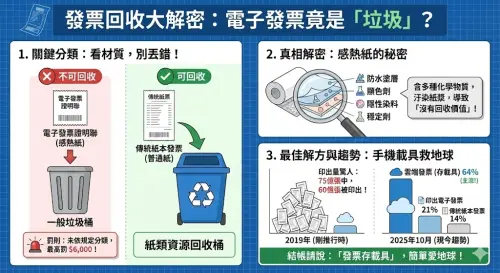 ▲沒中獎的發票要丟垃圾桶還是當紙類回收？一圖看懂差異。（圖／Gemini生成，NOWNEWS監製）