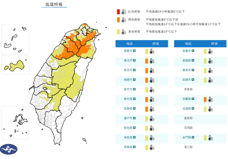 ▲中央氣象署今（7）日22時27分針對18縣市發布「低溫特報」，影降時間從今晚一直到明（8）日晚間。（圖／中央氣象署cwa.gov.tw）