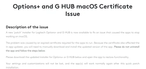 ▲羅技支援頁面說明，這次災情的主因是應用程式所需的憑證過期。由於macOS安全機制偵測不到有效的開發者ID憑證，因此阻止了應用程式執行。（圖／翻攝官網）