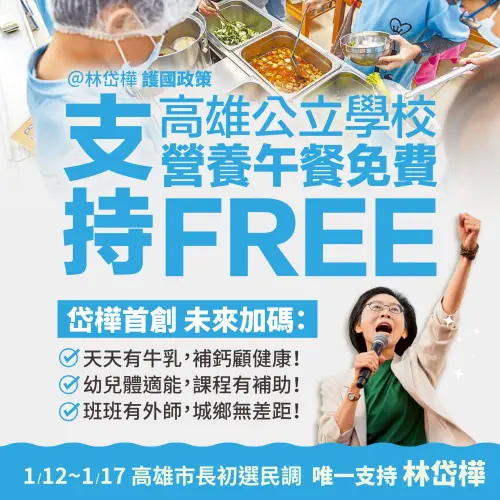 ▲林岱樺今天表示全力支持，並強調未來若由她擔任高雄市長，將在既有政策基礎上再加碼，讓高雄的孩子「吃得更好、長得更壯、學得更強」。（圖／立法委員林岱樺辦公室提供）
