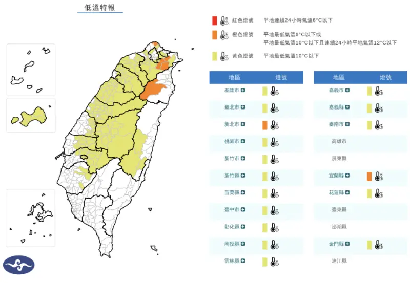 ▲強烈大陸冷氣團南下，中央氣象署今（8）日針對17縣市發布「低溫特報」。（圖／中央氣象署cwa.gov.tw）（圖／中央氣象署cwa.gov.tw）