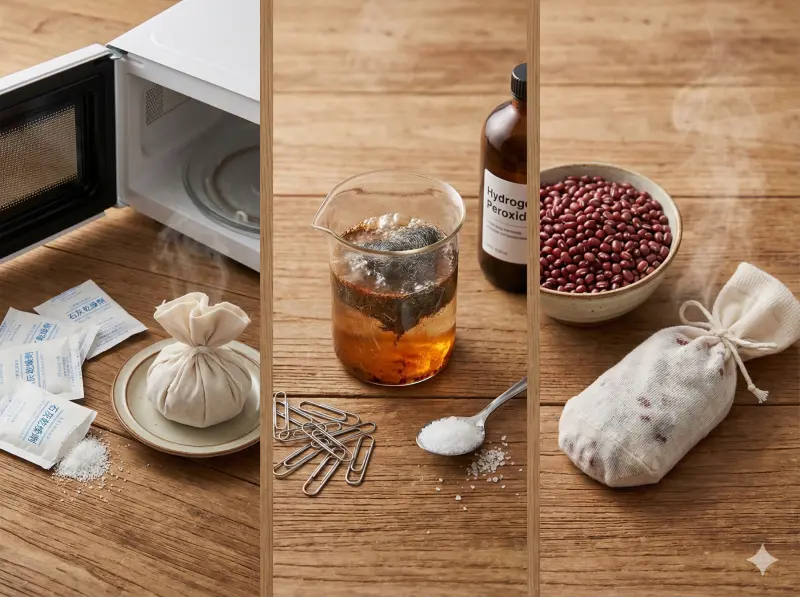 ▲寒流來襲不必搶購，專家傳授3招「暖暖包DIY」秘技。圖左為利用廢棄乾燥劑微波加熱；圖中為鋼絲絨或迴紋針產生氧化反應；圖右為紅豆微波加熱。三種方法都能輕鬆自製可重複使用的禦寒神器，省錢又環保。（示意圖／AI生成）