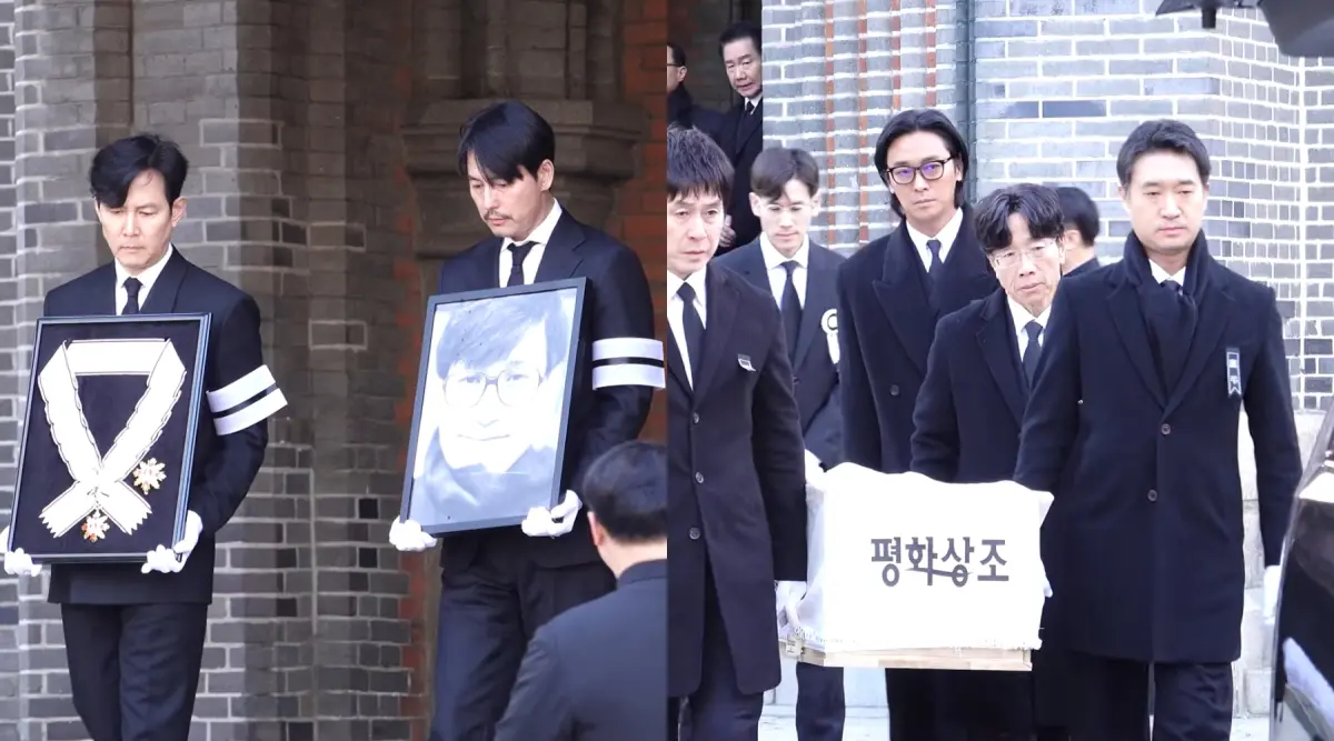 ▲安聖基今天出殯，李政宰、鄭雨盛（左圖右）捧遺照，薛景求、朱智勛、趙宇振、朴哲民、劉智泰、朴海日等人負責抬棺，現場超過600人齊送影帝最後一程。（圖／YouTube@iMBC연예）