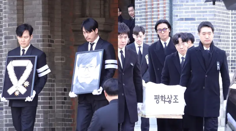 ▲安聖基今天出殯，李政宰、鄭雨盛（左圖右）捧遺照，薛景求、朱智勛、趙宇振、朴哲民、劉智泰、朴海日等人負責抬棺，現場超過600人齊送影帝最後一程。（圖／YouTube@iMBC연예）