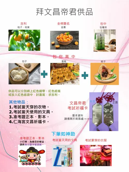 ▲祭拜文昌帝君時，建議可以準備考試當天穿的衣物或文具，以及准考證正本、影本等物品。（圖／中壢仁海宮臉書）