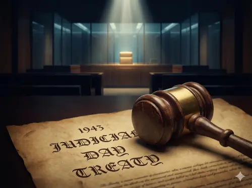 ▲1943年1月11日簽訂新約廢除不平等條約，確立了今日的司法節。圖中法槌壓在歷史文件上，背景聚光燈打在空蕩的法官席，隱喻當前憲法法庭面臨的大法官缺額挑戰。（示意圖／AI 生成）