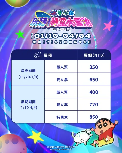 ▲「蠟筆小新 玩轉！時空大冒險 互動體驗展」，今（10）日起在華山1914文創園區登場，票價一覽。（圖／翻攝蠟筆小新玩轉時空大冒險臉書www.facebook.com/scadventureinspace）