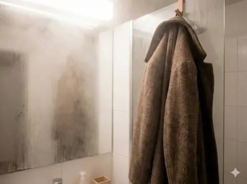 ▲難洗的羽絨衣或大衣，可掛在洗完澡後的浴室 15 分鐘，利用水蒸氣帶走纖維中的火鍋味。（圖／AI 生成）