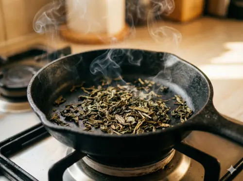 ▲將茶葉渣瀝乾後用小火烘烤，兒茶素與茶香能迅速擴散並消除室內異味。（示意圖／AI 生成）