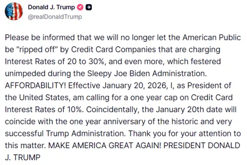 銀行怕？川普盯上信用卡公司　喊循環利率封頂10%自1/20上路
