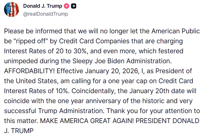 銀行怕？川普盯上信用卡公司　喊循環利率封頂10%自1/20上路