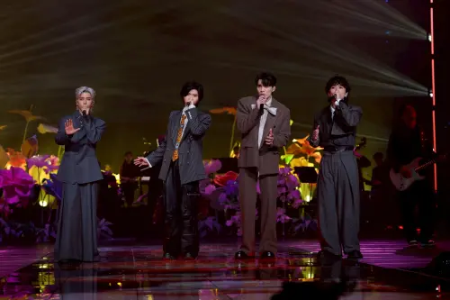 ▲畢書盡（左起）、黃霆睿、黃偉晉及邱鋒澤今錄製《2026WE ARE我們的除夕夜》。（圖／文總提供）