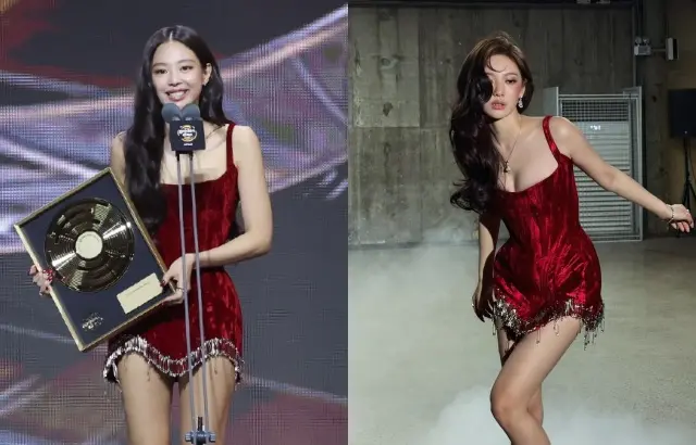 ▲Jennie（左）在昨（10）日的金唱片連換3戰袍，其中一套酒紅色洋裝竟撞衫寧寧（右），兩人還連髮型都超像，讓粉絲狂讚：「都沒輸」。（圖／IG@golden_disc、寧寧IG@imnotningning）