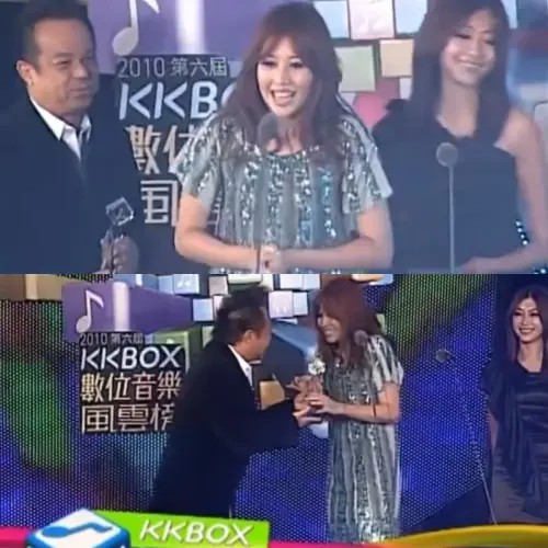 ▲A-Lin（上圖中、下圖右）奪下KKBOX年度10大風雲歌手，上台忘記先領獎再致詞。（圖／翻攝自Threads、中視）