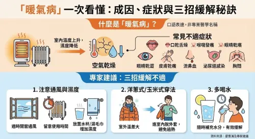 ▲「暖氣病」其實並非專業醫學名稱，而是口語上的表達，建議民眾感覺到相關症狀時，要多補充水分、注意通風。（圖／Gemini生成）