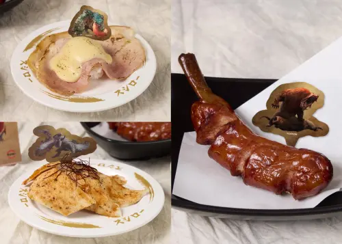 ▲壽司郎x魔物獵人3款限定餐點！左起：「MHWilds增益食物」70元、「灼熱鎖刃龍翼甲」80元、「MHWilds帶骨香腸」90元。（圖／壽司郎sushiro.com.tw）