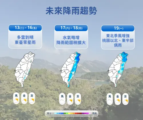 ▲本周五前台灣各地晴到多雲，周六開始受到低氣壓影響，東半部、基隆北海岸降雨機率提高。（圖／中央氣象署cwa.gov.tw）