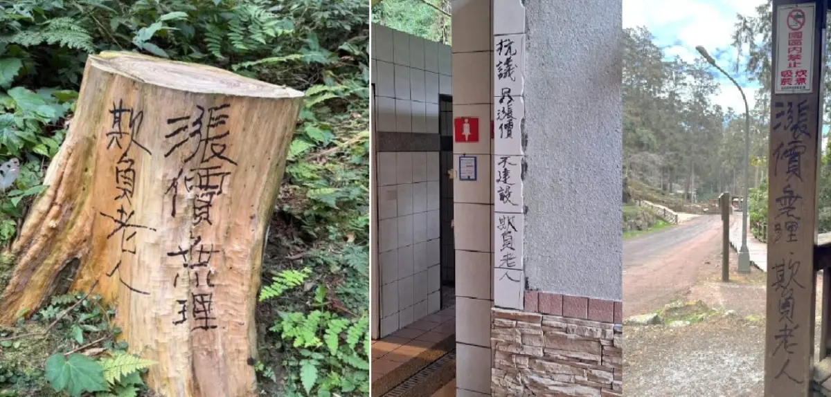 ▲溪頭自然教育園區的樹頭、女廁門口，被人以麥克筆寫下「欺負老人」的文字。（圖／溪頭自然教育園區提供，2026.01.13）
