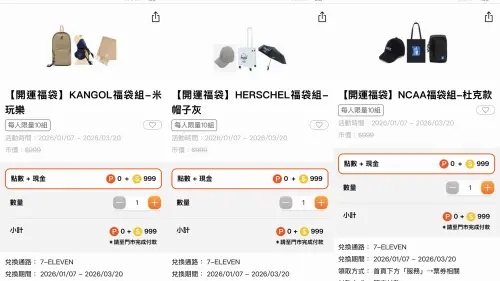▲999元的精品福袋組合還有非常多種可以選擇，像是KANGOL的圍巾包包組合、Herschel推車帽子雨傘組合、NCAA老帽購物袋+小側包組合，都是不錯的選擇。（圖/記者張嘉哲合成）