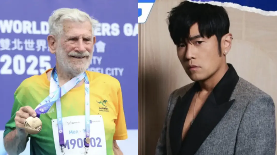 ▲歌手周杰倫（右）參與2026《澳洲網球公開賽》明（14）日登場，周杰倫不只自己運動細胞活躍，其岳祖父Quinlivan Laurence James於去年雙北世界壯年運動會奪下2金2銀佳績，體力一點都不輸周杰倫。（圖／記者朱永強攝影、翻攝自周杰倫IG）