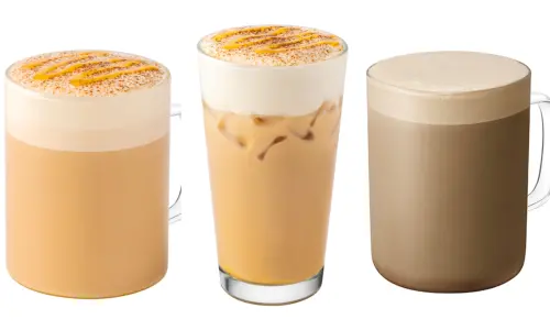 ▲左起：「奶香烤舒芙蕾風味那堤」中杯170元、大杯185元、特大杯200元，「福吉茶那堤」中杯140元、大杯155元、特大杯170元。（圖／星巴克starbucks.com.tw）